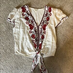 Zara White and Red Embellished Tie Front Blouse